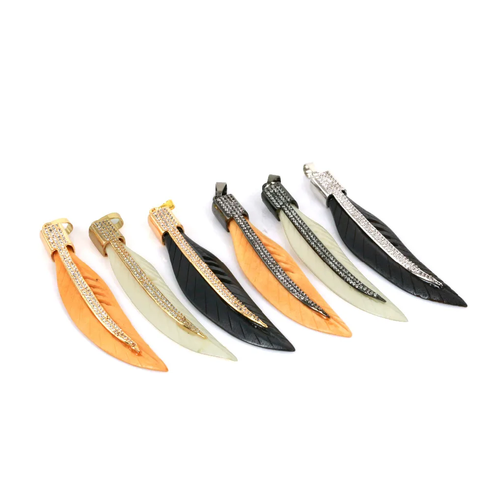 

Amazing Long Feather Bone Pendant Unique Design Hematite Bead Necklace With CZ Micro Pave Pendant Jewelry Women's Jewelry