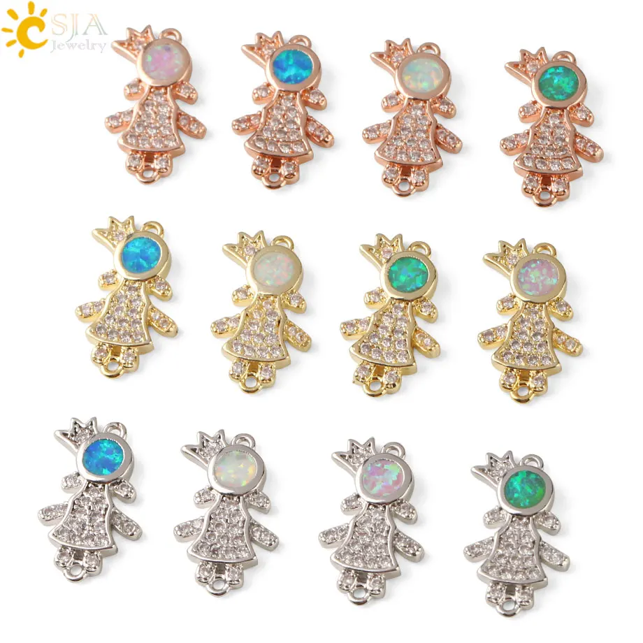 

CSJA Boy & Girl Charms Jewelry Findings Two Holes Connector for Bracelet Earrings Making Opal Pave Zircon Shiny Accessories G124