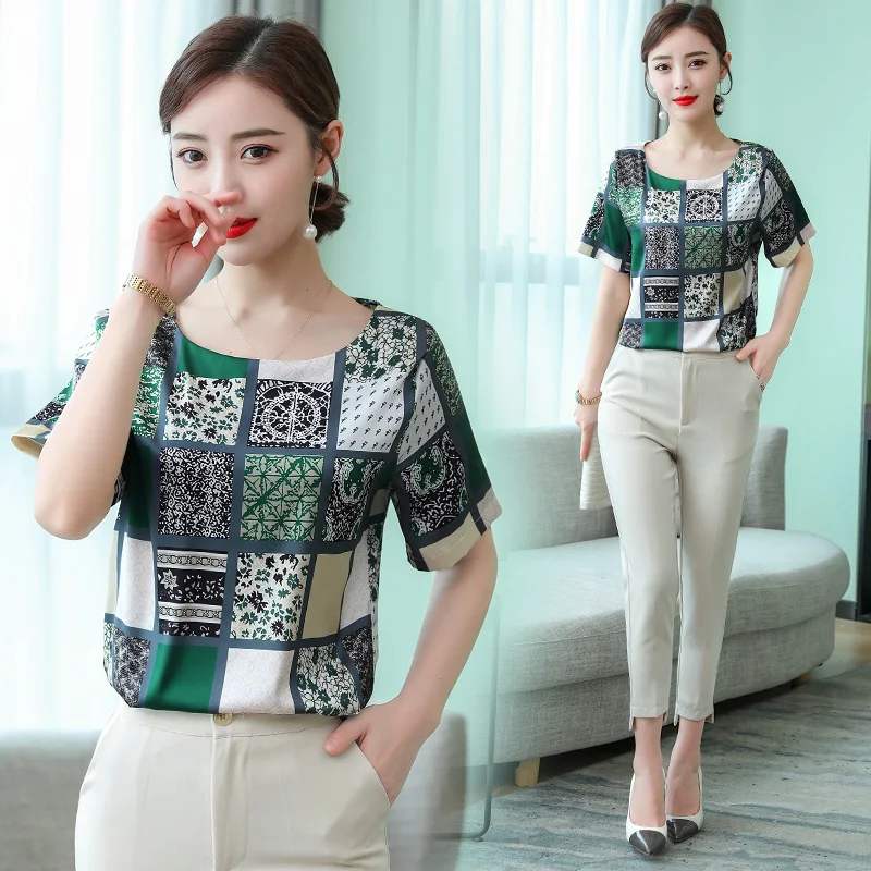 

Korean Fashion Silk Women Blouses Satin Womens Tops and Blouses Short Sleeve Black Women Shirts Plus Size XXXL Ladies Tops