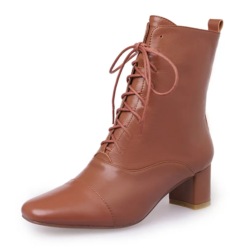 SARAIRIS/ботильоны из натуральной кожи на шнуровке для зрелых женщин; коллекция года; модные ботинки с квадратным носком; Офисная Женская обувь на высоком каблуке - Цвет: brown no fur