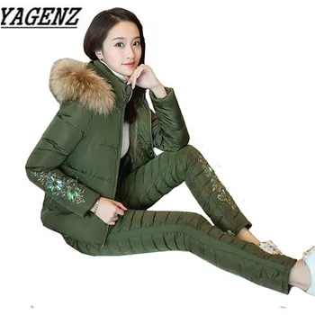 

2019 Winter New Casual Women Down cotton Suit Sets Warm Thick Hooded Tops+Trousers 2 piece sets Ladies Winter Clothing Suits