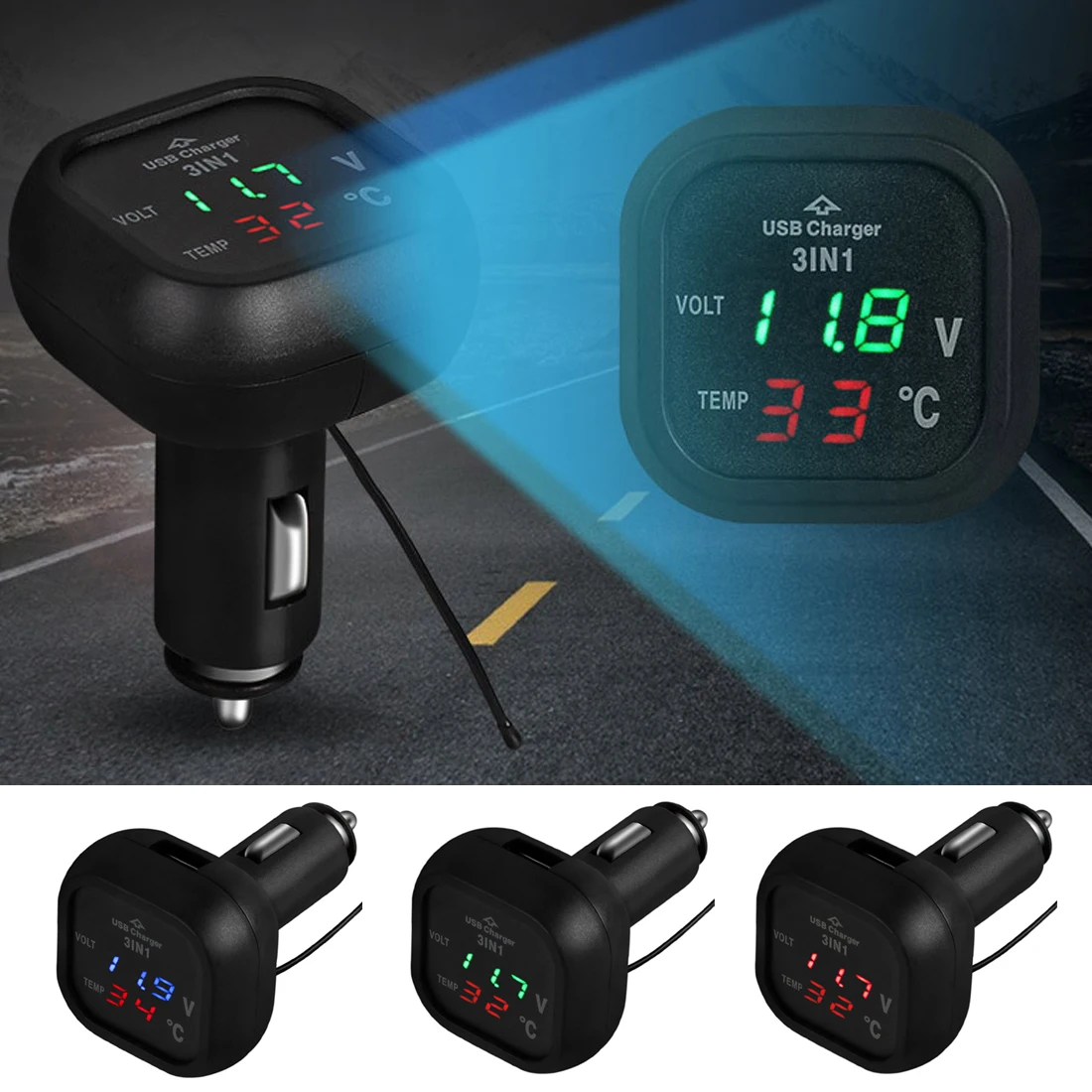 

LED Display Universal Car Motorcycle Voltmeter instrument voltage galvanometer 2.1A voltmeter thermometer 3 in 1 car charger