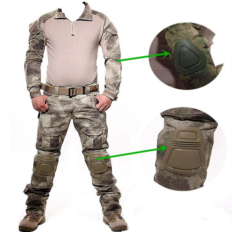 Тактический набор лягушек, Охотничья рубашка и штаны с наколенниками, армейская военная форма, камуфляжная одежда, костюм Cambat Ghillie