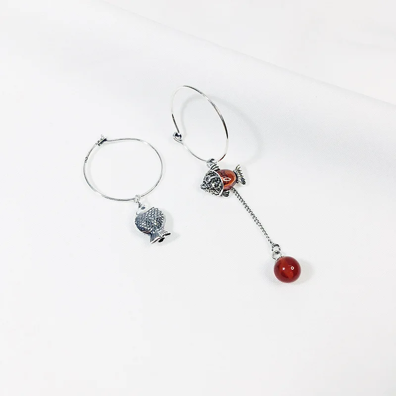 StrollGirl,, серьги в винтажном стиле, серебро 925, красный камень, рыба, асимметричные серьги-капли для женщин, модное ювелирное изделие