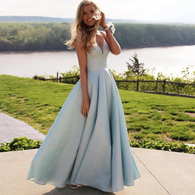 

Spaghetti Straps Vestidos De Graduacion Simple Sky Blue V-neck Satin Vestido Formatura Long Evening Party Formal Prom Dresses