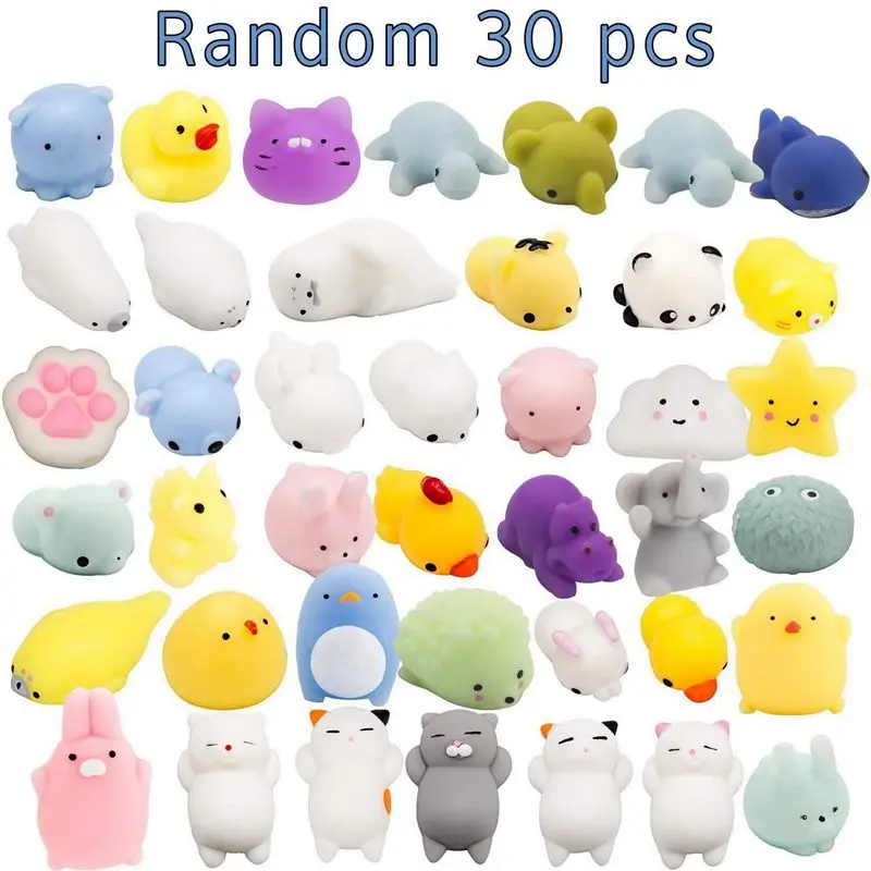 Random 30 Pcs Cute Animal Mochi Squishy Kawaii Mini Soft Squeeze Toy Fidget Hand Toy for 3