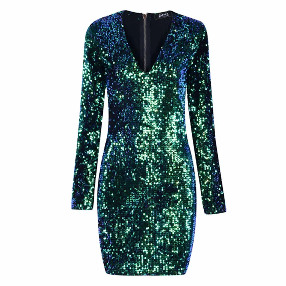 Новое Осеннее женское блестящее платье знаменитостей с длинным рукавом и v-образным вырезом, расшитое блестками сексуальное вечернее платье с блестками для ночного клуба - Цвет: Green