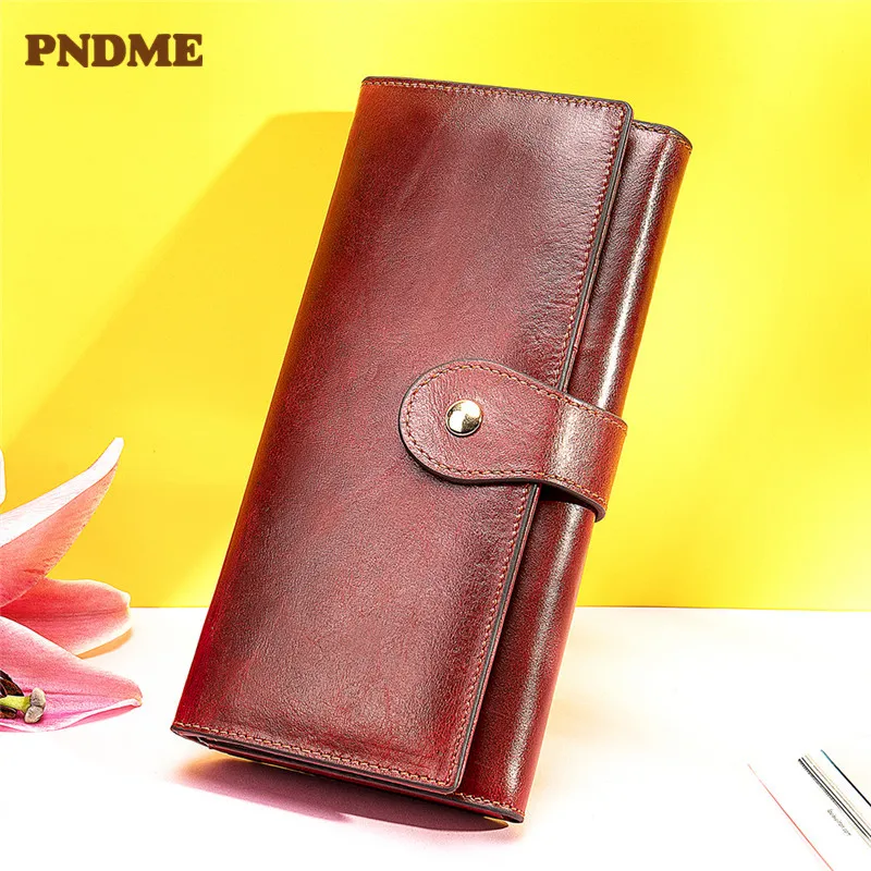 

PNDME fashion vintage genuine leather ladies wallet clutch bag casual simple soft cowhide women's purse card package
