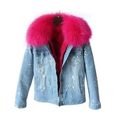 Бренд, повседневное новое пальто с мехом, зимняя куртка, женская джинсовая куртка с дырками, парка, воротник из натурального меха енота, подкладка из лисьего меха, теплая - Цвет: Light-colored red