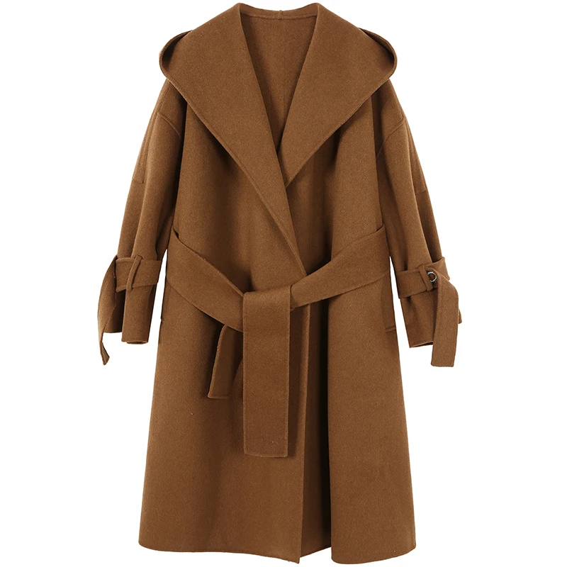 Женское шерстяное пальто ELFSACK однотонное из смешанной шерсти с капюшоном и