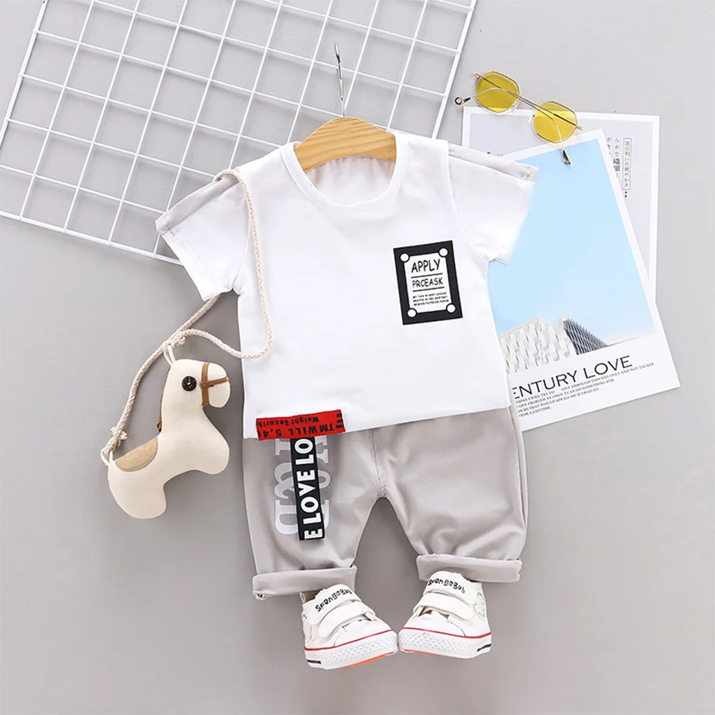 Baby Boy Summer Letter Clothes Set Cute Children Printing Short Sleeve Shirt Scoop Neck Tee Shorts Kids Clothes