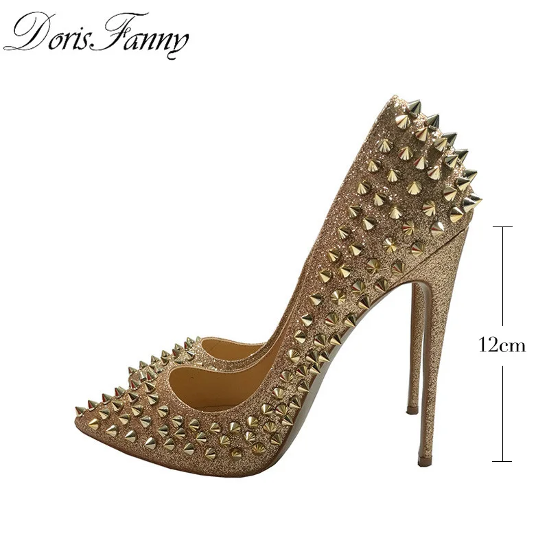 DorisFanny/женские туфли на высоком каблуке с шипами и заклепками; Цвет серебристый, золотистый; коллекция года; туфли на шпильке; большие размеры 34-45 - Цвет: gold 12cm