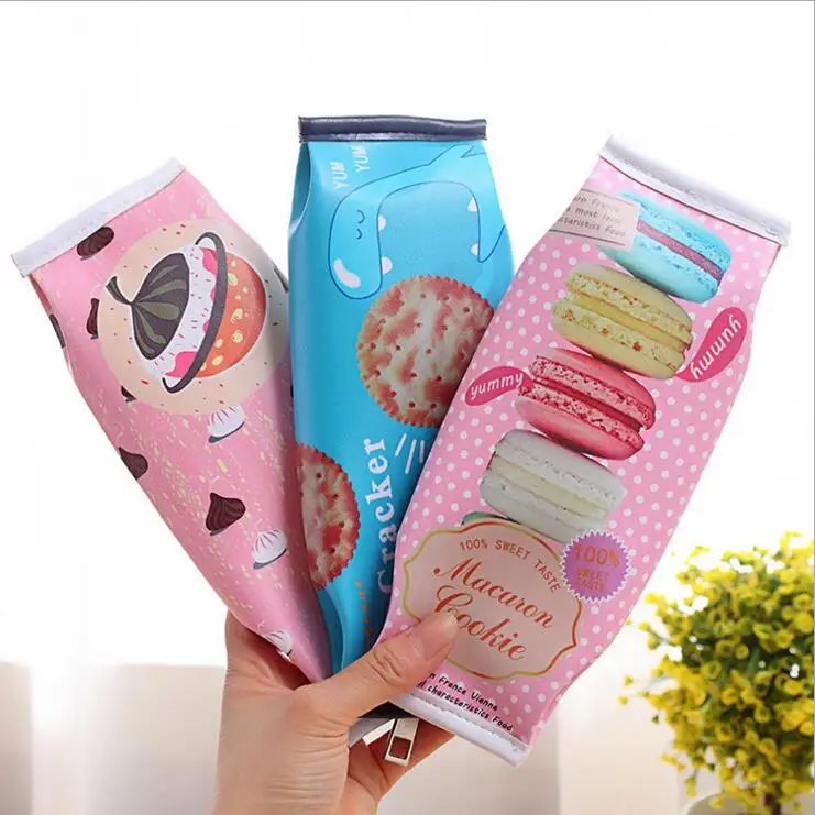 

Korean Creative Macaron Cracker School Pencil Case Cute Pu Leather Pen Bag Kawaii Stationery Pouch Office School Supplies NEW