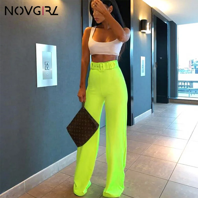 Novgirl/женские прямые длинные неоновые зеленые черные брюки с поясом, расклешенные брюки с высокой талией, Летние повседневные свободные штаны OL