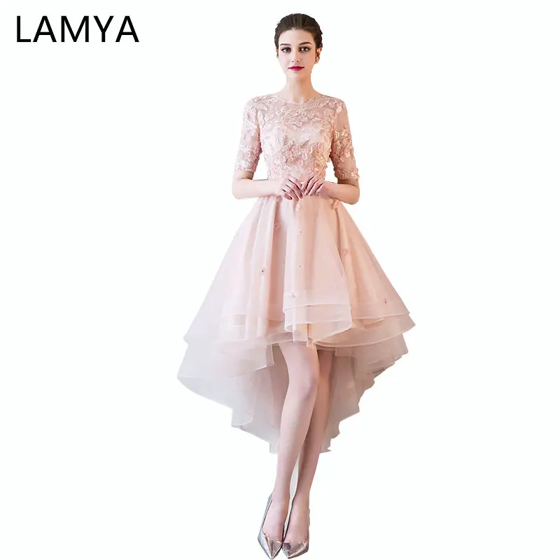 

LAMYA Pink Appliques Front Back Long Tail Banquet Prom Dresses Sleeveless Formal Party Gown Elegant Plus Size vestido de noiva