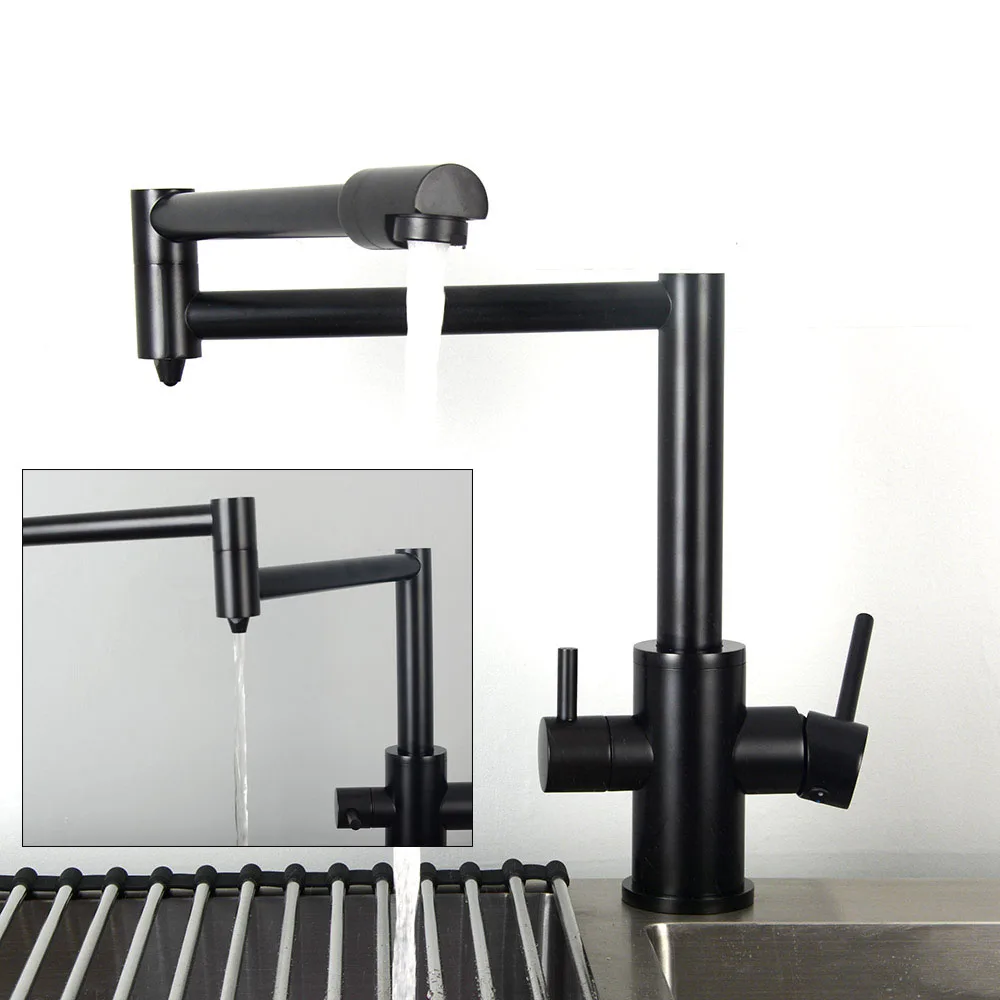 Double Function Kitchen Mixer Faucet With Drink Water Tap Brass Black Hot& Cold Water Tap Double Handles Sink Faucet