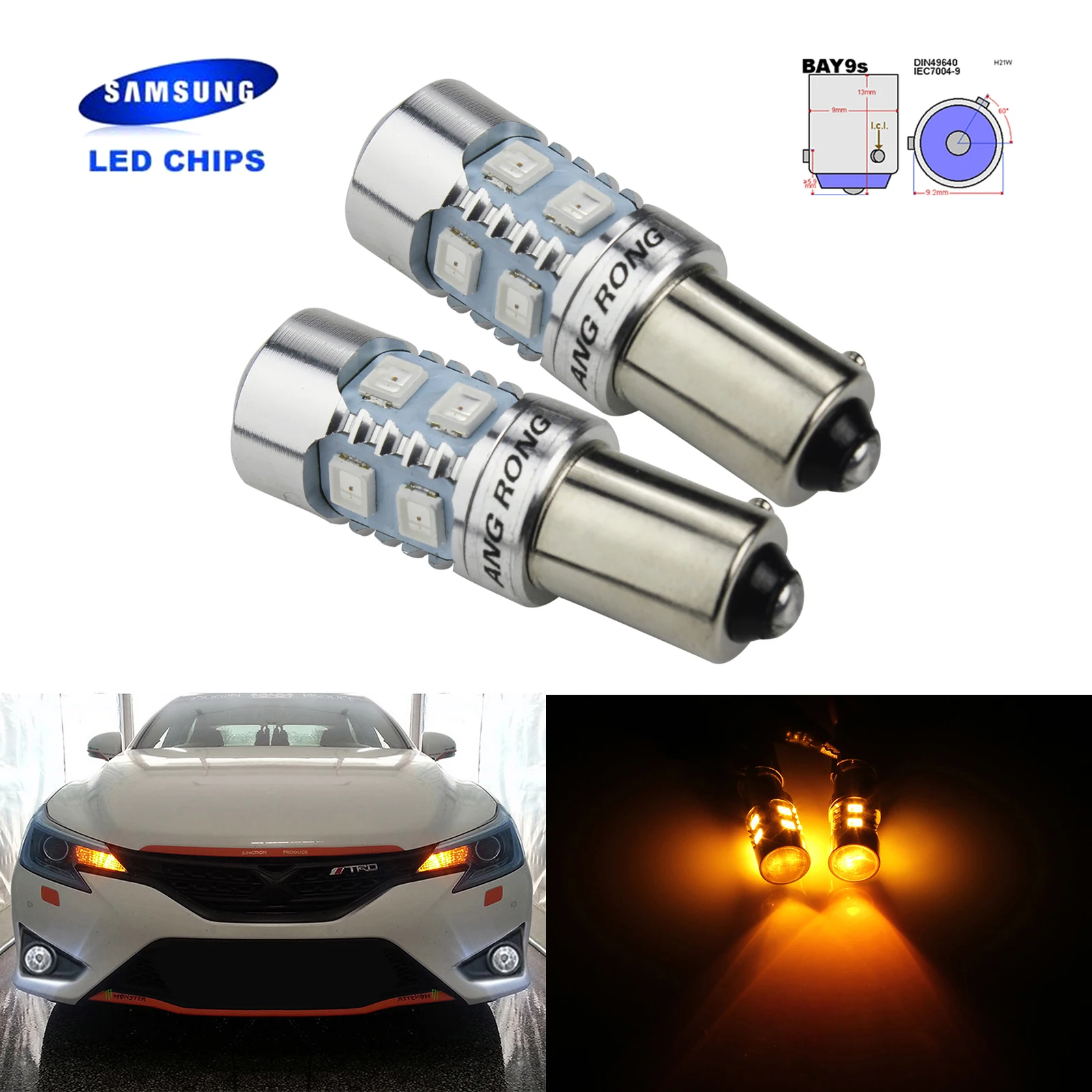 ANGRONG 2x Amber H21W 435 BAY9s SAMSUNG 10 SMD 2835 Светодиодный 10 Вт Sidelight обратный Индикатор лампы для VW Golf Mk5