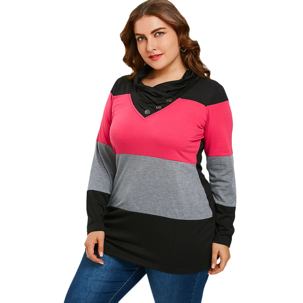 

Lortalen Plus Size Tops Women T Shirt Long Sleeve Heaps Collar T-Shirt 2019 Spring Casual Buttons Panel Striped Tshirts Pullover