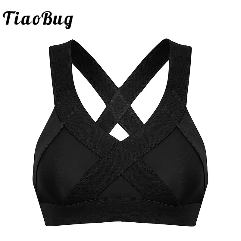 

TiaoBug Women Solid Color Cross Straps Unlined Wireless Sports Bra Tops Gymnastics Workout Dance Yoga Running Bra Sexy Crop Top
