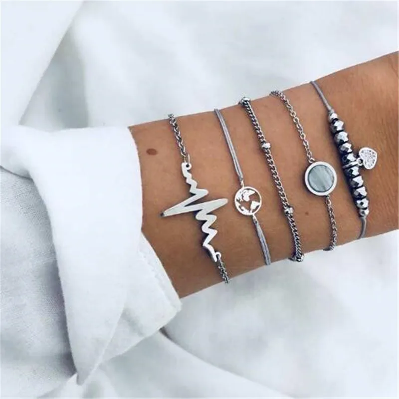 

High Quality 5Pcs/Set Beads Map lightning Heart Adjustable Charm Bracelet Set Women Fashion Party Jewelry Accessories Trendy hOT