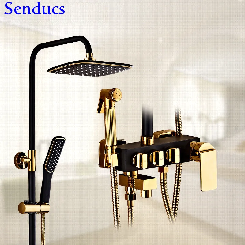 Senducs Black Gold Shower System for Luxury Rainfall Bathroom Shower Set Quality Brass Bath