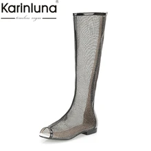 Karinluna/ г. Брендовая Дизайнерская обувь большой размер 34-43, сапоги до колена с открытым носком из сетчатого материала женская обувь летние сапоги, обувь