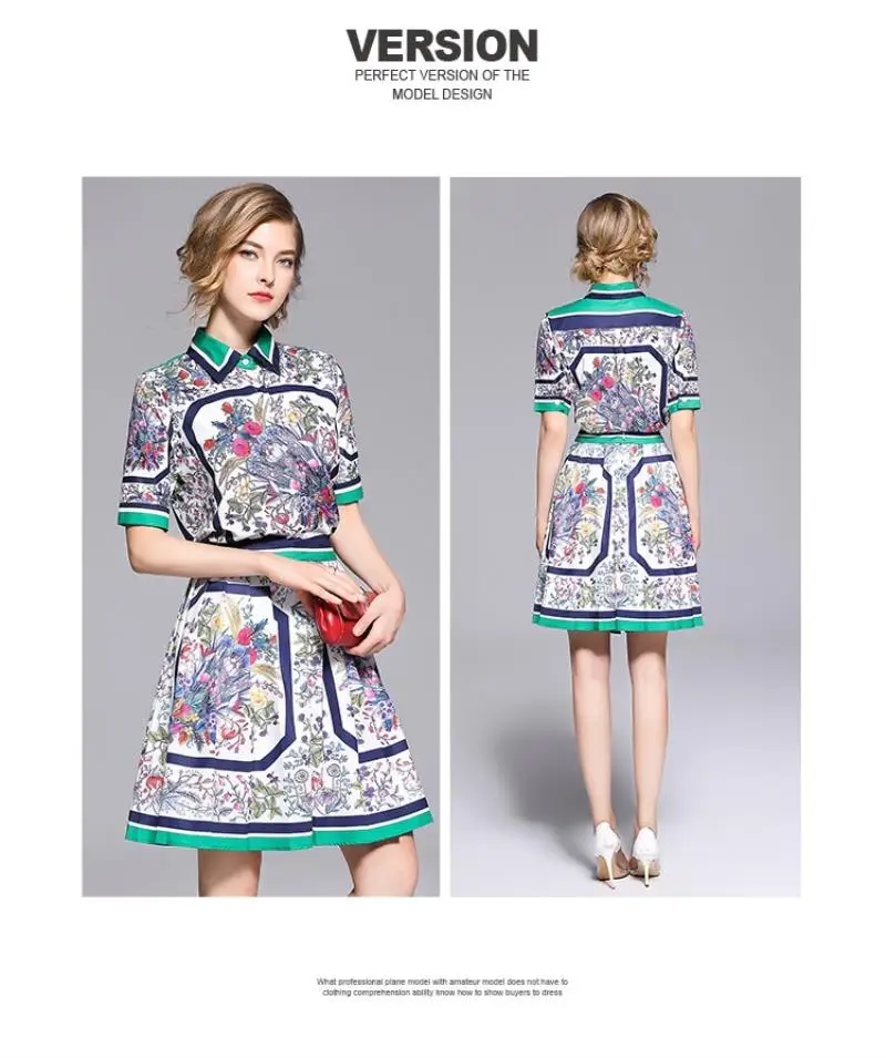 European women's wear 2018 The new summer With short sleeves lapel Stripe edge Floral print shirt + Pleated skirt  printing suit