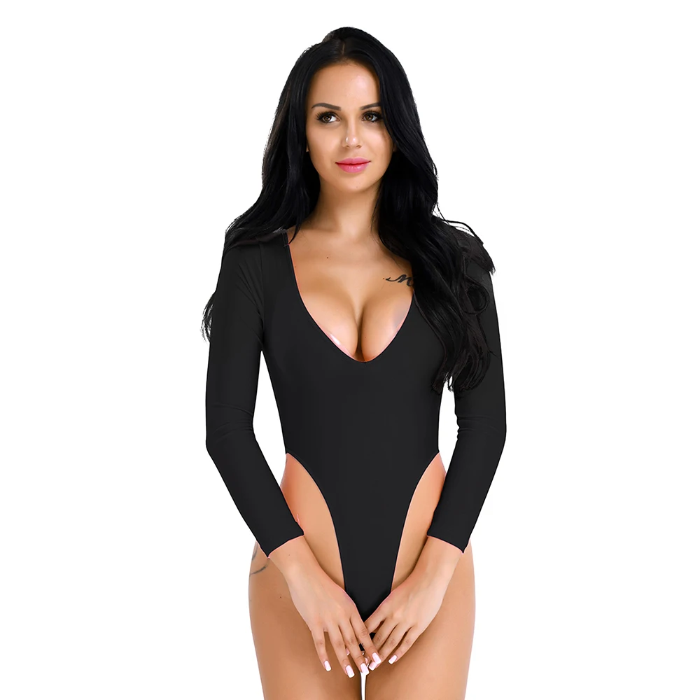 iEFiEL Women Sexy Bodysuit Long Sleeve High Cut Crotchless Thong Leotard Body String Catsuit Jumpsuit Womens Dancing Clothing bodysuits