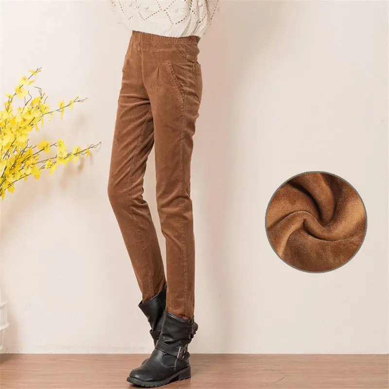 Осенне-зимние вельветовые брюки, женские брюки, повседневные брюки с высокой талией, брюки размера плюс, толстые, с эластичной талией, плюс бархатные брюки-карандаш Q525 - Цвет: Brown plus velvet