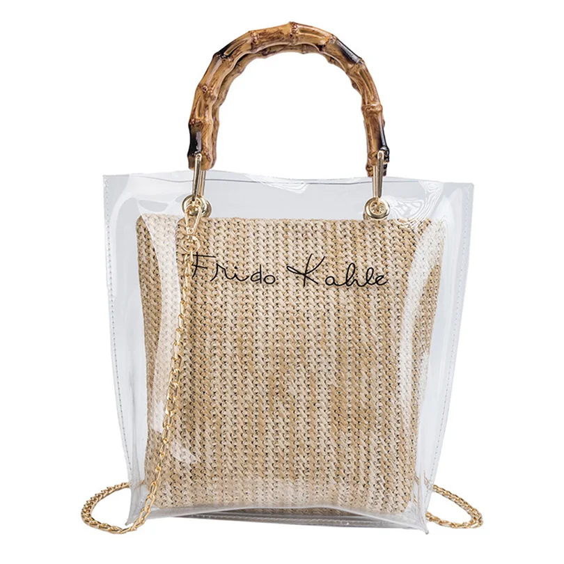 

Women Transparent PVC Shoulder Bag Hand Woven Straw Handbag Korean Fashion Beach Chain Messenger Crossbody Bags Clear Handbags