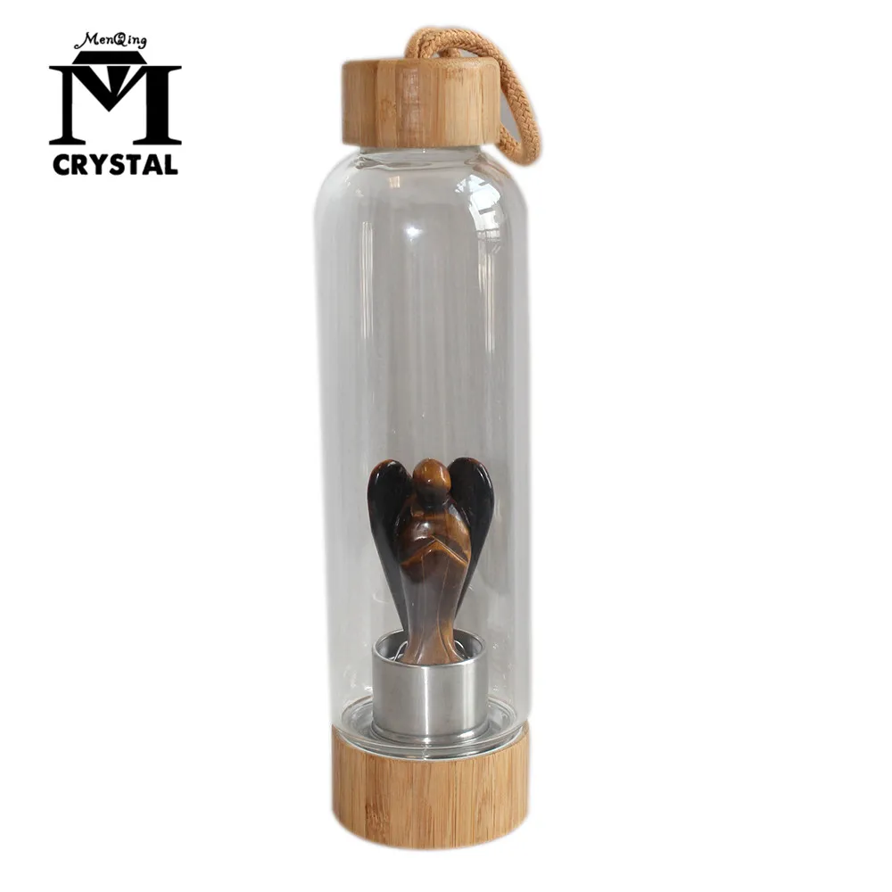 

2019 Hot Sale Drop Shipping Natural Tiger eye Crystal drink water bottle Healing Wand Elixir angle Quartz stone Bamboo Bottle