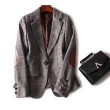 Блейзер новинка модные осень-зима Для женщин плед из шерсти и кожи в стиле пэчворк, на одной пуговице, приталенный Блейзер Пальто повседневные куртки верхняя одежда для детей