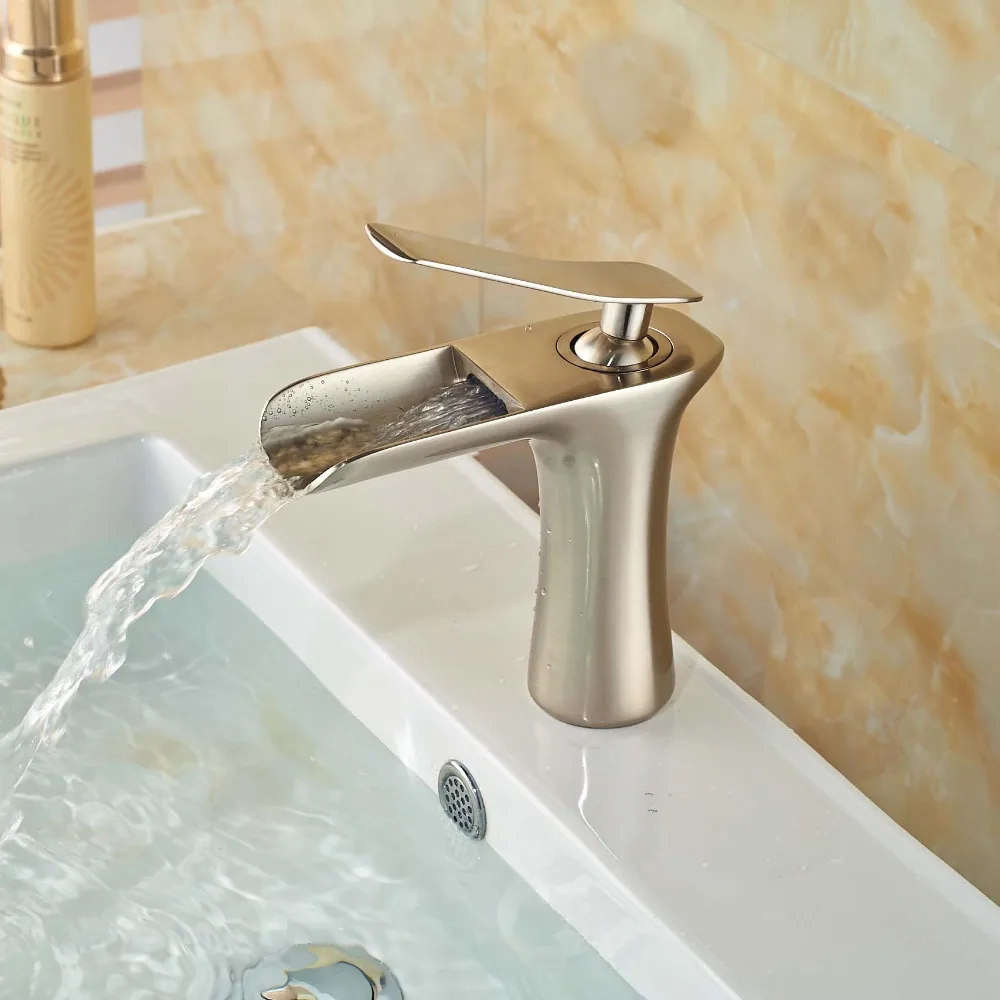 

Waterfall Spout Bathroom Faucet Vanity Sink Mixer Tap Deck Mounted Brushed Nickel