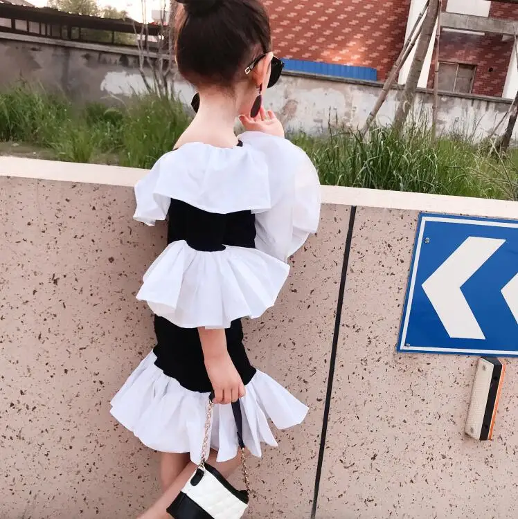 Платье с оборками в Корейском стиле для девочек модные летние платья с открытыми плечами для девочек 2-7 лет, B860