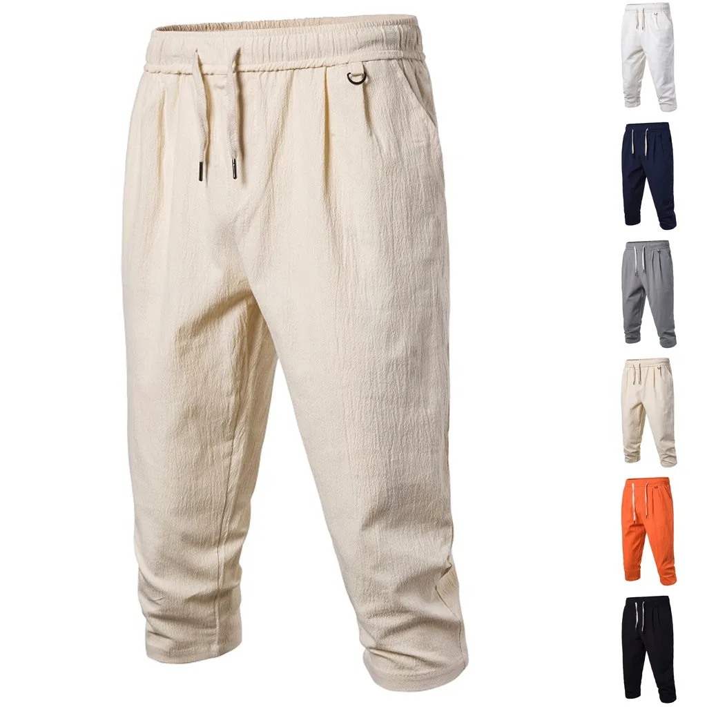 Мужские летние льняные однотонные пляжные повседневные брюки с эластичной резинкой на талии, классические брюки, мужские спортивные штаны