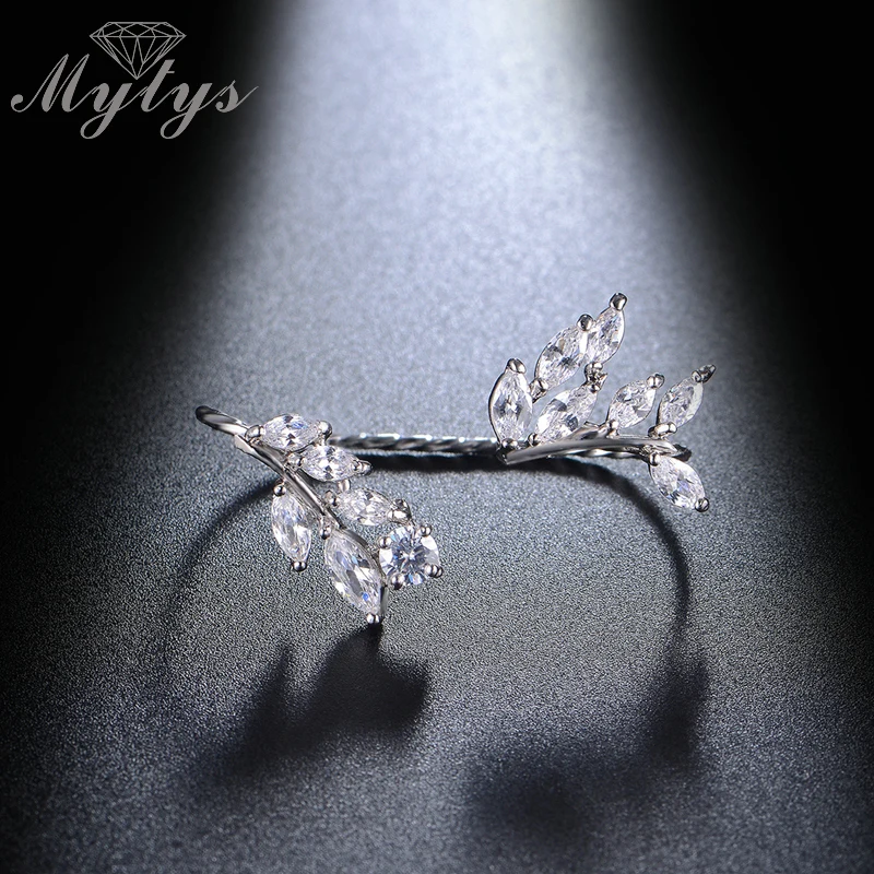 Mytys Открытое кольцо-манжета модное два кольцо на палец для женщин Серебряный Цвет кубический цирконий дизайн в виде листьев R1074