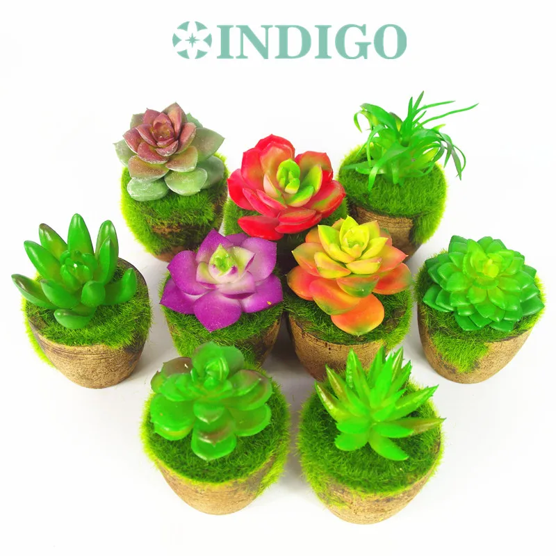 

INDIGO-(1 Set With Pot) Succulent Plant Bonsai Moss Pot Artificial Plastic Flower Office Table Decoration Plant