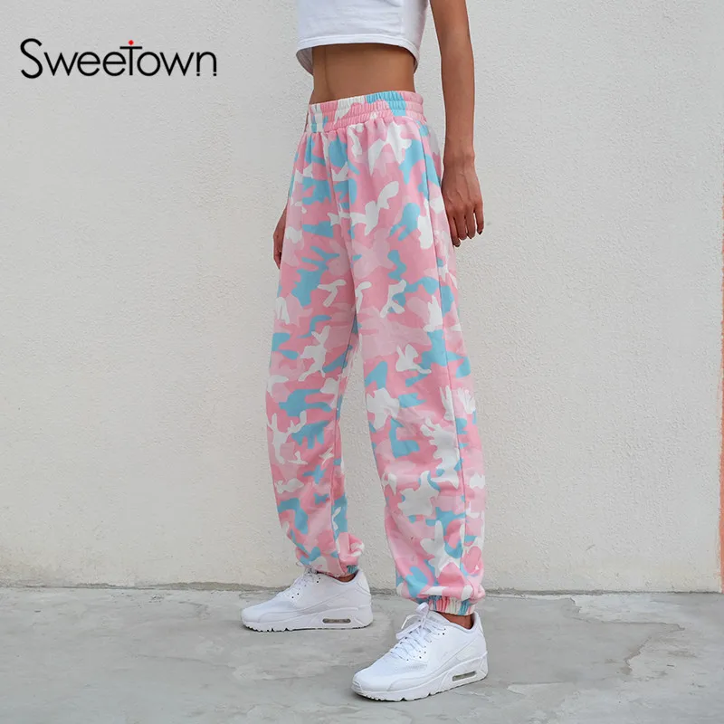 Женские камуфляжные спортивные брюки Sweetown модные брендовые розовые трикотажные
