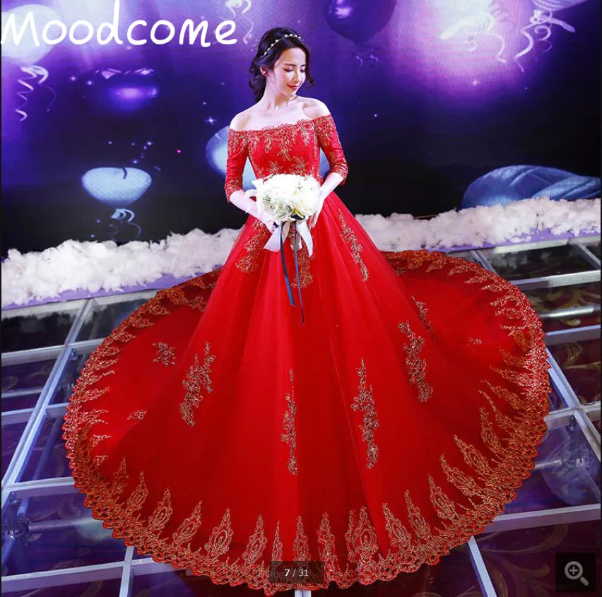 2017 Vestido Де Novia бальное платье красный свадебное платье роскошь с царский поезд половина рукава sexy свадебные платья мантия де mariage
