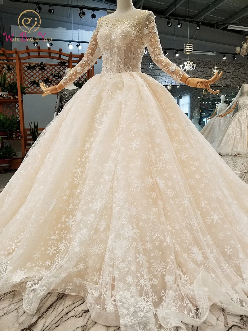 

Champagne Lace Wedding Dresses Full Sleeves Beaded Sequined Ball Gown Chapel Train Long Lace up Bridal Gowns Luxury Customize