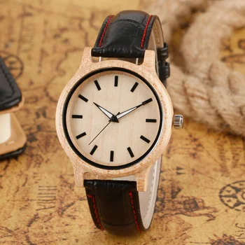 

Men's Black Genuine Leather Band Nature Wood Bamboo Watches Creative Light Arce Quartz Wristwatch for Women Reloj de madera