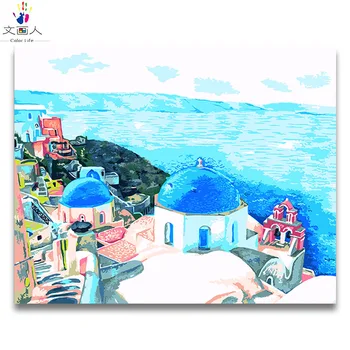 

Seascape Castle picture Diy oil painting by numbers with kits draw art pictures by numbers on canvas for living room wall decor