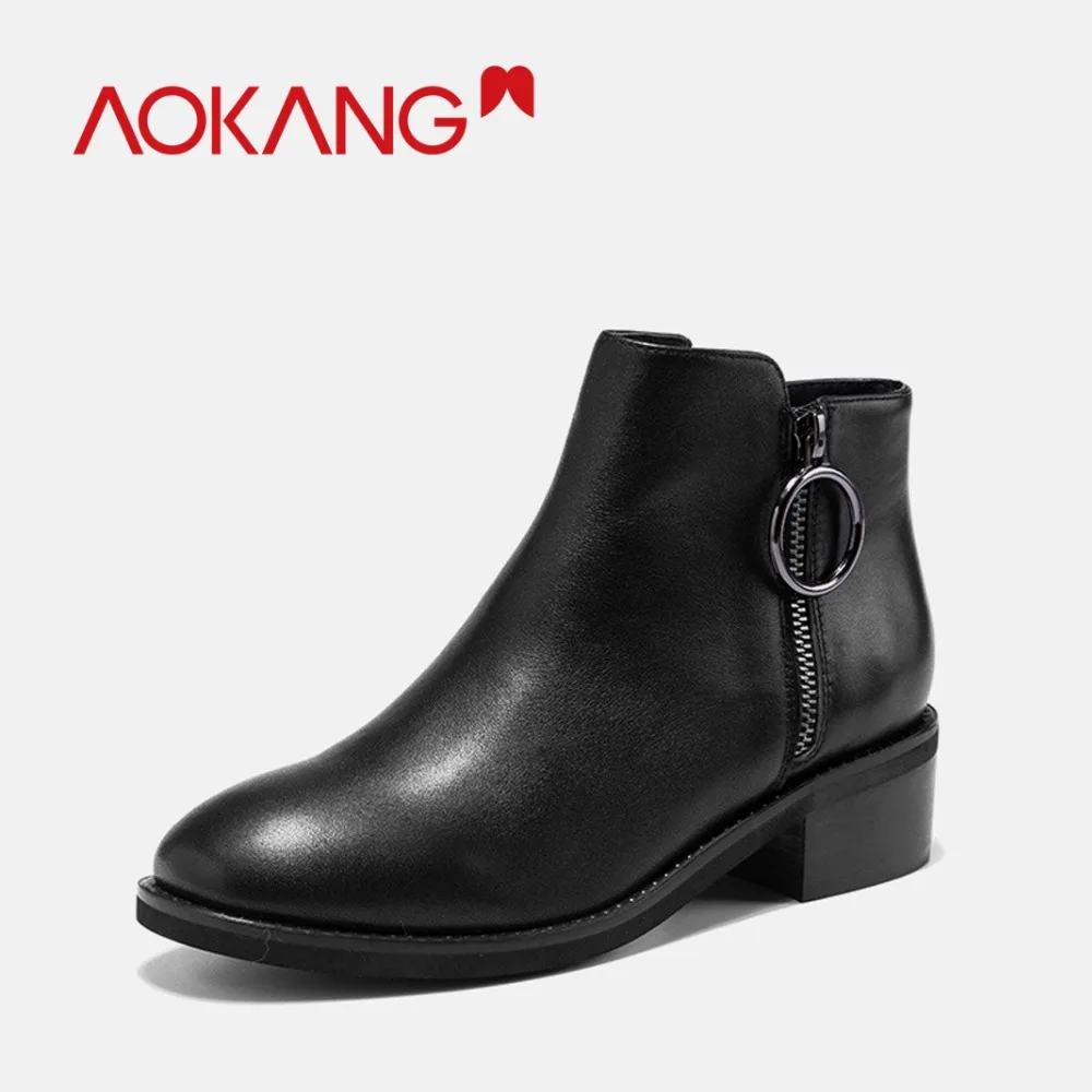 

AOKANG 2018 Winter Boots Women genuine leather Hot style Fashion Martin Boots high quality round toe thick heel shoes woman