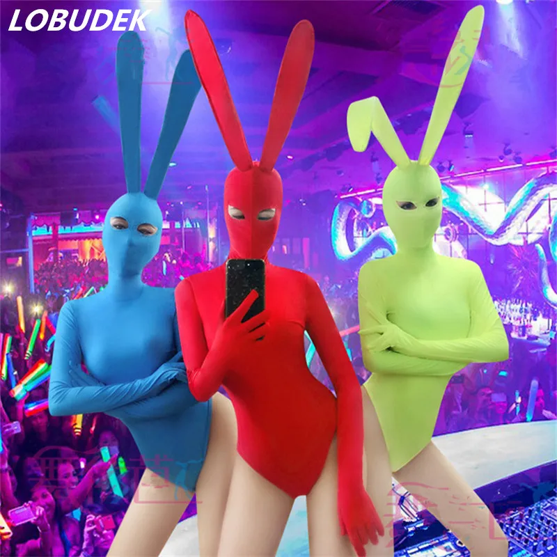 

Red Blue Bodysuit Halloween Nightclub DJ Singer Stage Costume Party Bunny Girl Teams Jazz Pole Dancing Performance Stage Wear