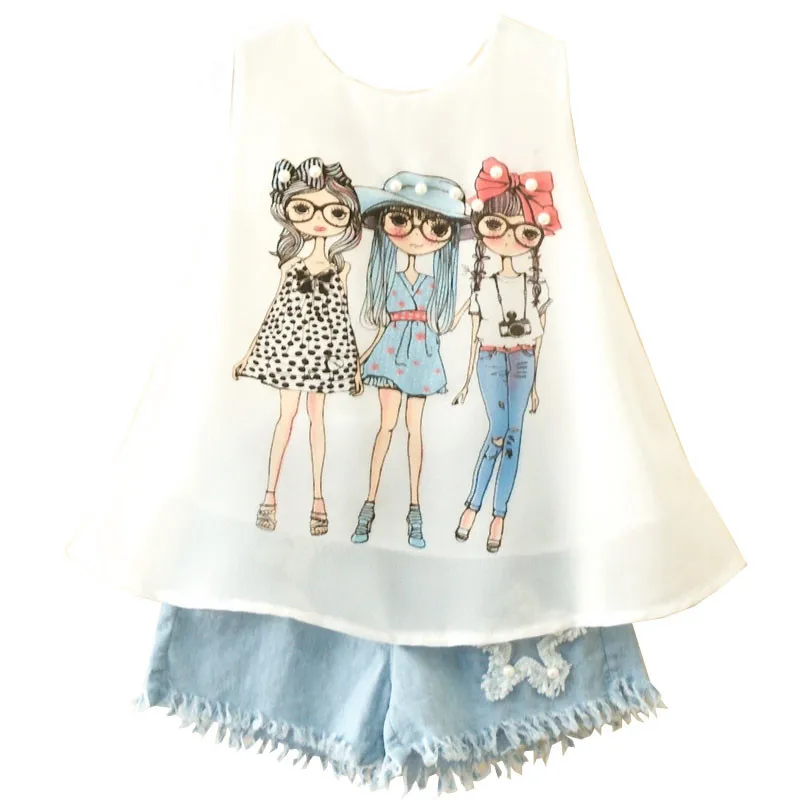 Summer Girls Clothing Sets New Fashion Cartton Chiffon Vest T shirts Tops And Shorts Suit Kids Baby Clothes Set For 2-6 years Summer Girls Clothing Sets New Fashion Cartton Chiffon Vest T shirts Tops And Shorts Suit Kids Baby Clothes Set For 2-6 years