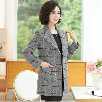 

Plus Size Loose Warm Wool Blends Long Winter Coat Turn-Down Collar Wool OverCoat Women Office Work Wear Elegant Plaid Outwear