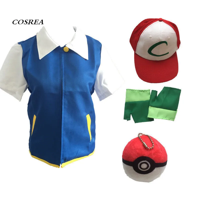 

High Quality Pokemon Ash Ketchum Cosplay Costumes Pocket Monster Cosplay Blue Jacket + Gloves + Hat + Ash Ketchum Ball