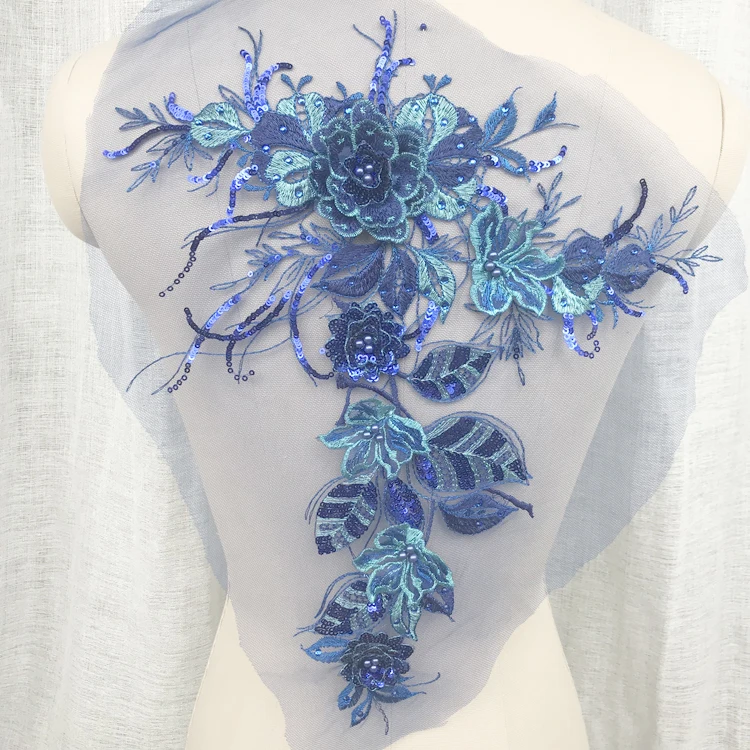 

Blue Gold Exquisite beaded Lace Paste Fower Lace Patch Appique Wedding Dress Decoration DIY Sewing Accessories 1PIECE