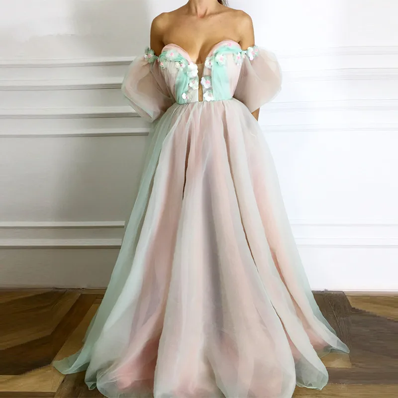 

Formal Evening Dresses 2019 A-line Sweetheart Tulle Flowers Pearls Elegant Islamic Dubai Kaftan Saudi Arabic Long Evening Gown