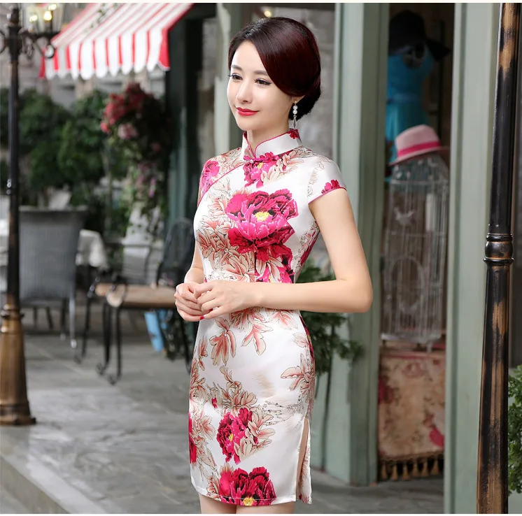 Sheng Коко для женщин розовый атлас Cheongsam Qipao платья для мини короткие пикантные ежедневно печати традиционный ченсам китайский шелк